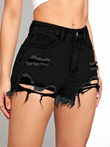 Ripped Raw Hem Denim Shorts - Black - View 4