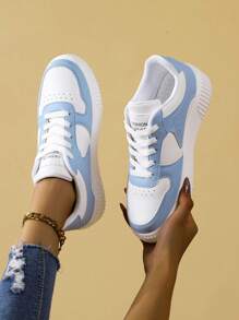 适合所有季节的秋冬女士时尚休闲运动拼色运动鞋 - 藍白色 - 查看 4