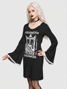 ROMWE Goth 字母&骷髏頭圖案喇叭袖連帽洋裝 - 黑色 - 查看 7