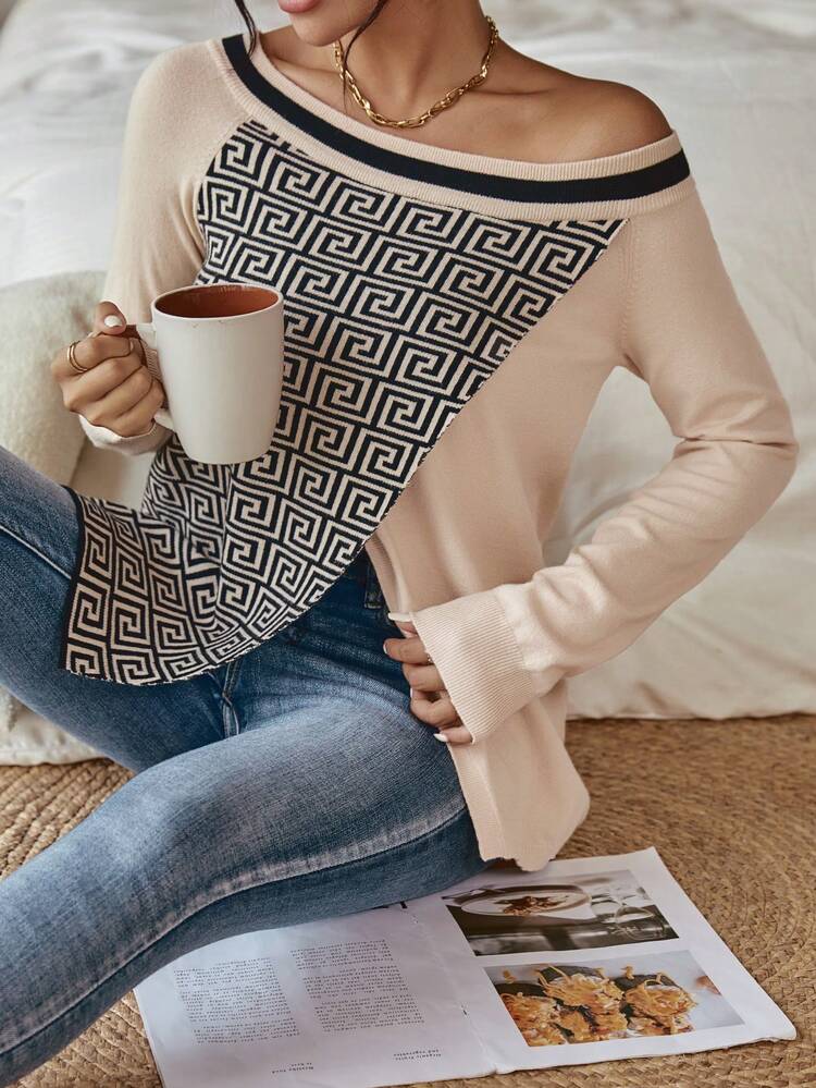 Geo Pattern Striped Trim Off Shoulder Sweater