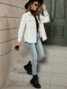 SHEIN LUNE Plaid Flap Pocket Drop Shoulder Tweed Overcoat Fall Cloth For Women - White - View 6