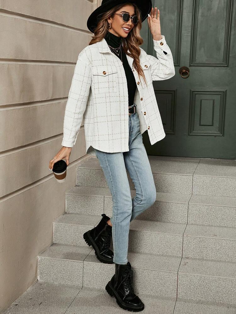 Plaid Flap Pocket Drop Shoulder Tweed Overcoat Fall Cloth For Women