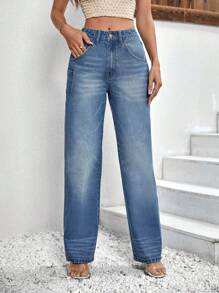 SHEIN Essnce Cat Whisker Slant Pocket Jeans - Medium Wash - View 3