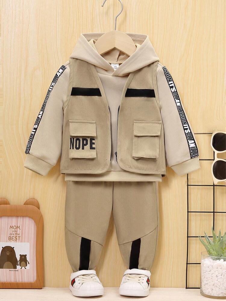 Baby Boys' Outdoor 3pcs/Set Workwear Style Vest, Hooded Sweatshirt, Elastic Waistband Pants Outfits