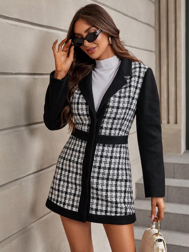 Plaid Pattern Lapel Neck Tweed Overcoat