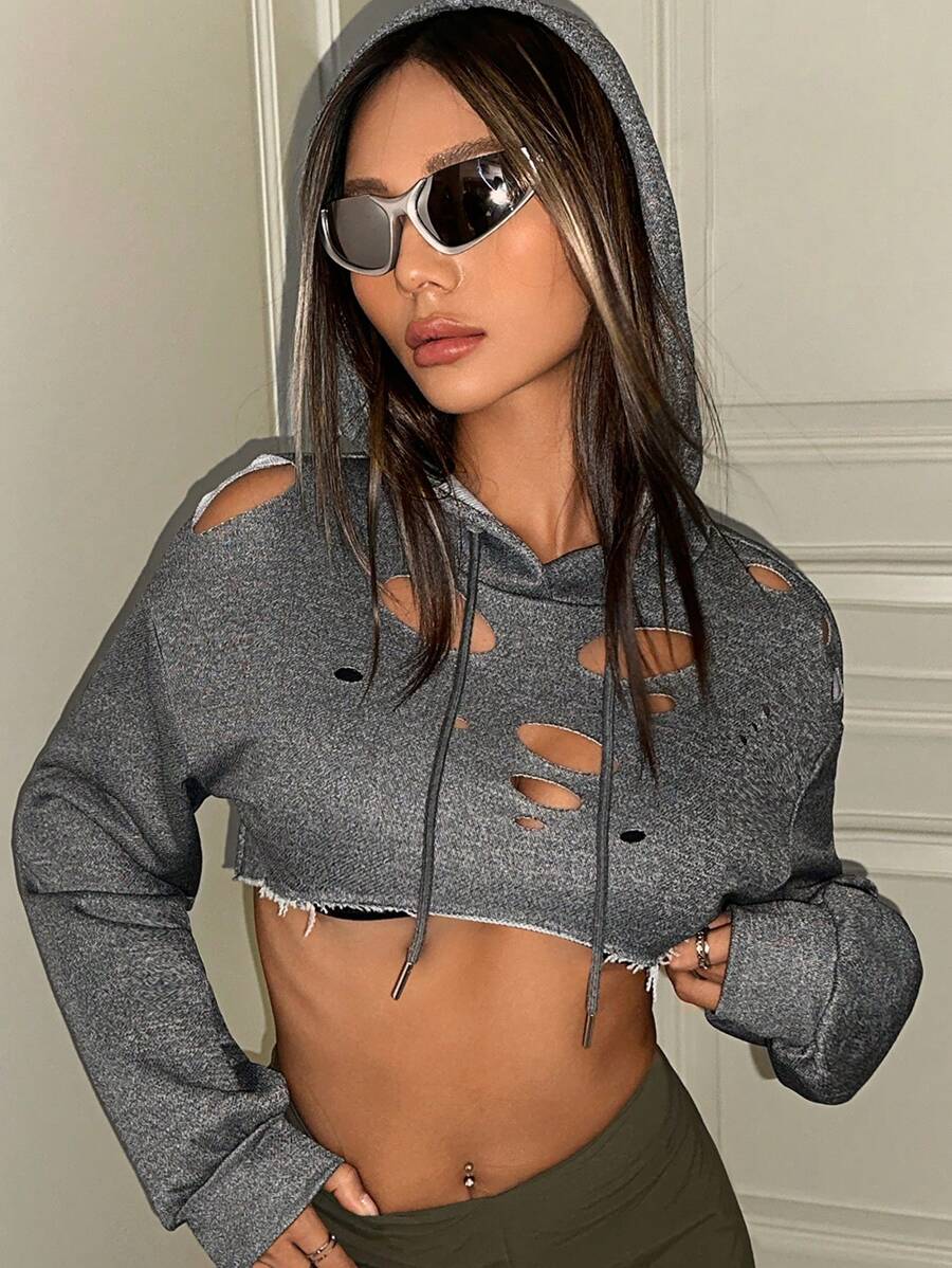 SHEIN ICON Cắt ra Thả vai Dây rút Áo hoodie ngắn Không có áo ngực - Xám - Xem 1