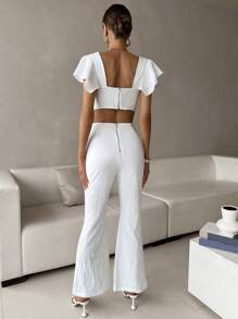 SHEIN Privé Mono unicolor ribete con fruncido pierna amplia - Blanco - Ver 3
