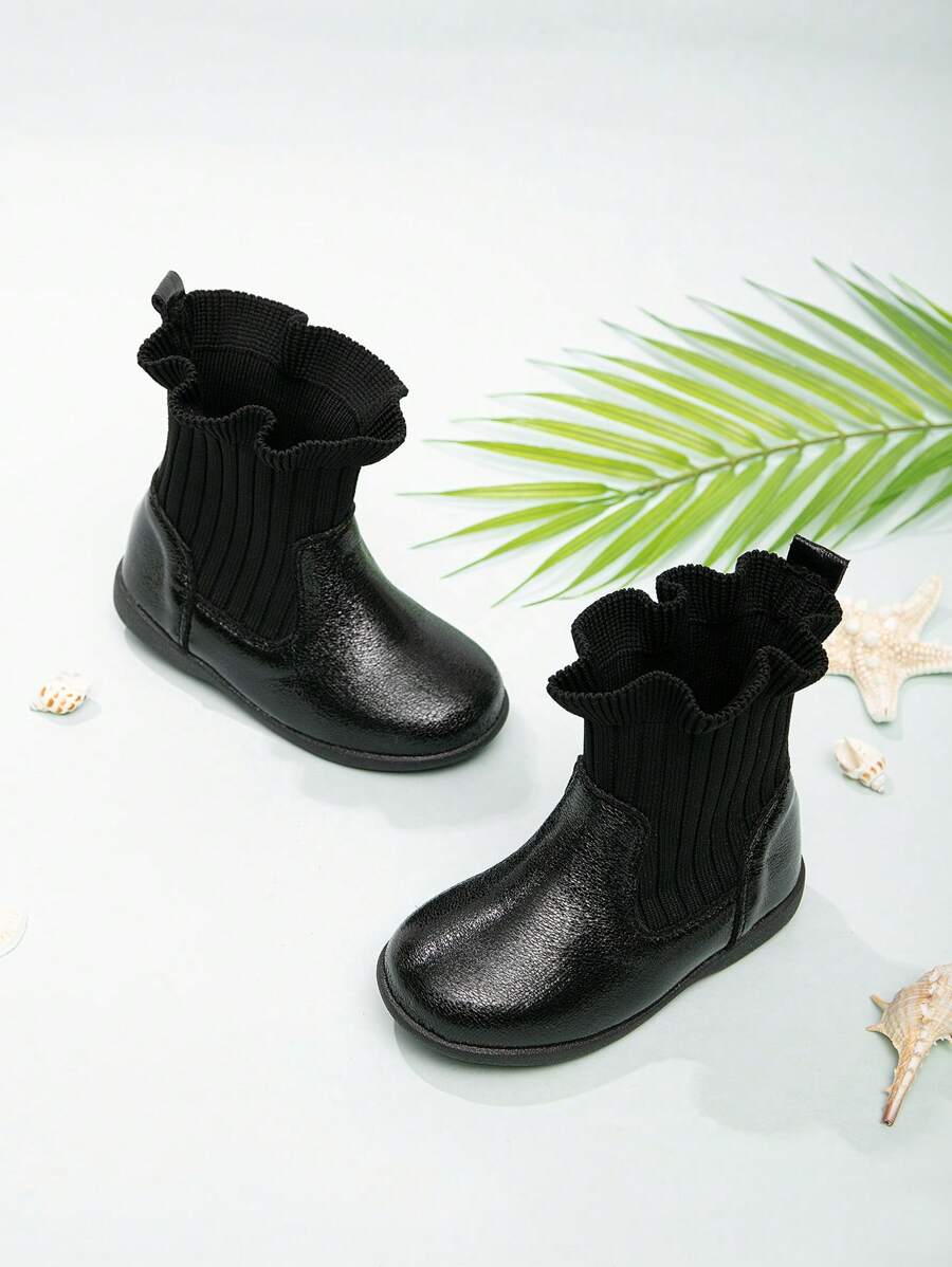 Baby Girls' Flat Elastic Ankle Boots With Ruffle Hem, Comfortable And Cute - Black - View 1
