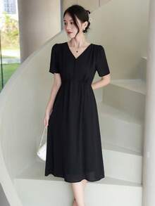 Solid V Neck Puff Sleeve Dress - Black - View 3