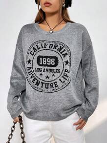 SHEIN EZwear Mẫu chữ Thả vai Áo len - Màu xám đen - Xem 4