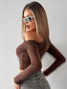 SHEIN ICON Asymmetrical Neck Crop Tee - Chocolate Brown - View 3