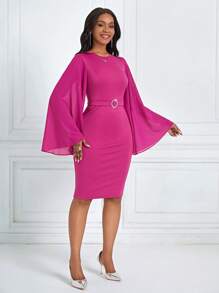 SHEIN Lady Flare Sleeve Split Back Solid Dress - Hot Pink - View 3