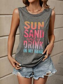 SHEIN LUNE Đồ họa Khẩu hiệu Áo ba lỗ - Xám - Xem 3