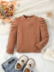SHEIN Young Girl Puff Sleeve Tee - Brown - View 1
