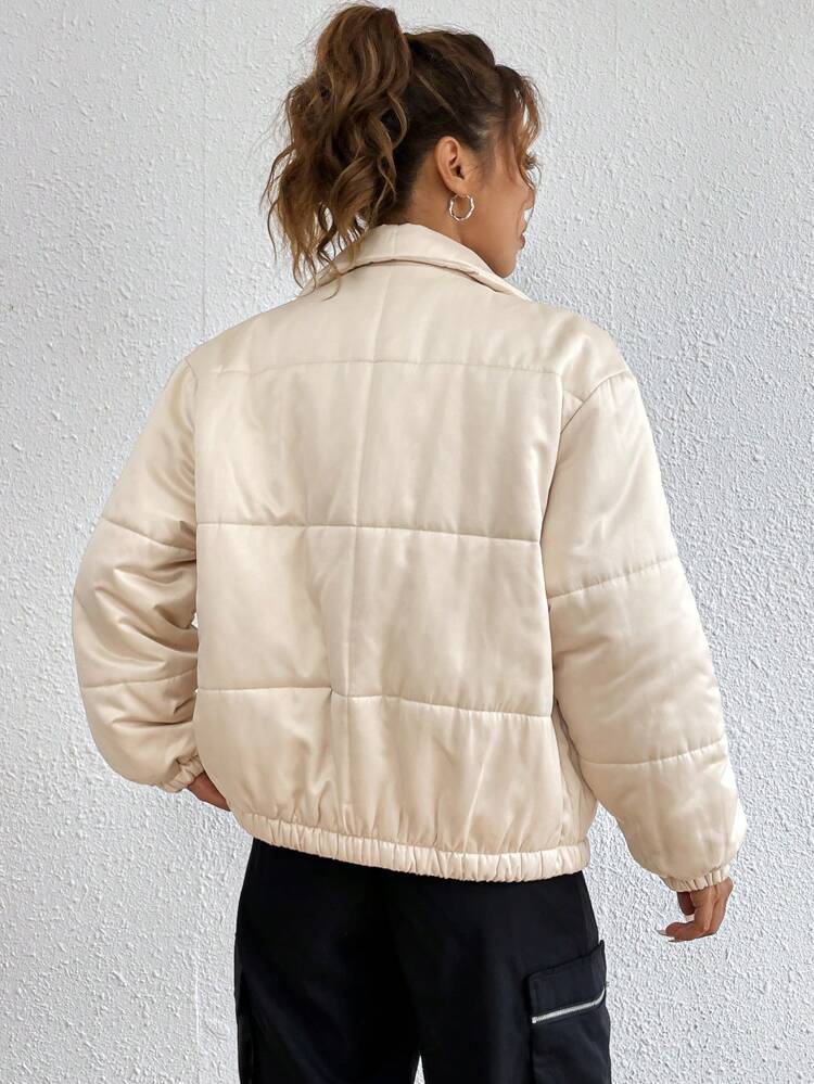 Zip Up Slant Pocket Puffer Padded Coat