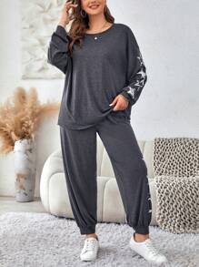 SHEIN LUNE 大碼星星印花落肩袖衛衣和衛褲 - 深灰色 - 查看 1