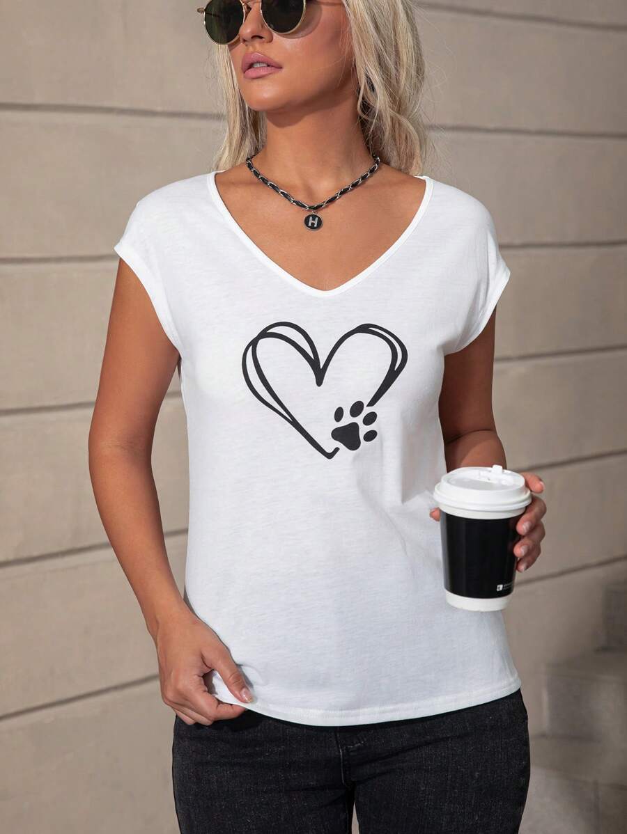 SHEIN LUNE 心形和卡通圖案蝙蝠袖T恤 - 白色 - 查看 1