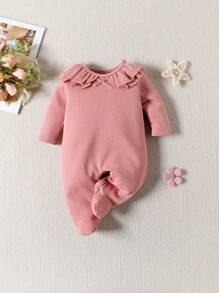 Baby Girl Ruffle Trim Footed Jumpsuit - Baby Pink - View 1