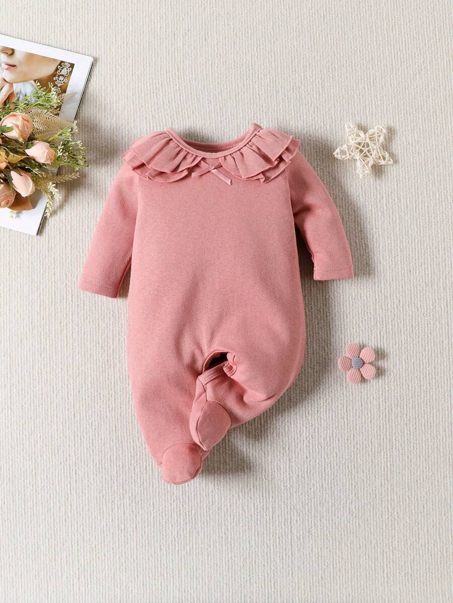 Baby Girl Ruffle Trim Footed Jumpsuit - Baby Pink - View 1
