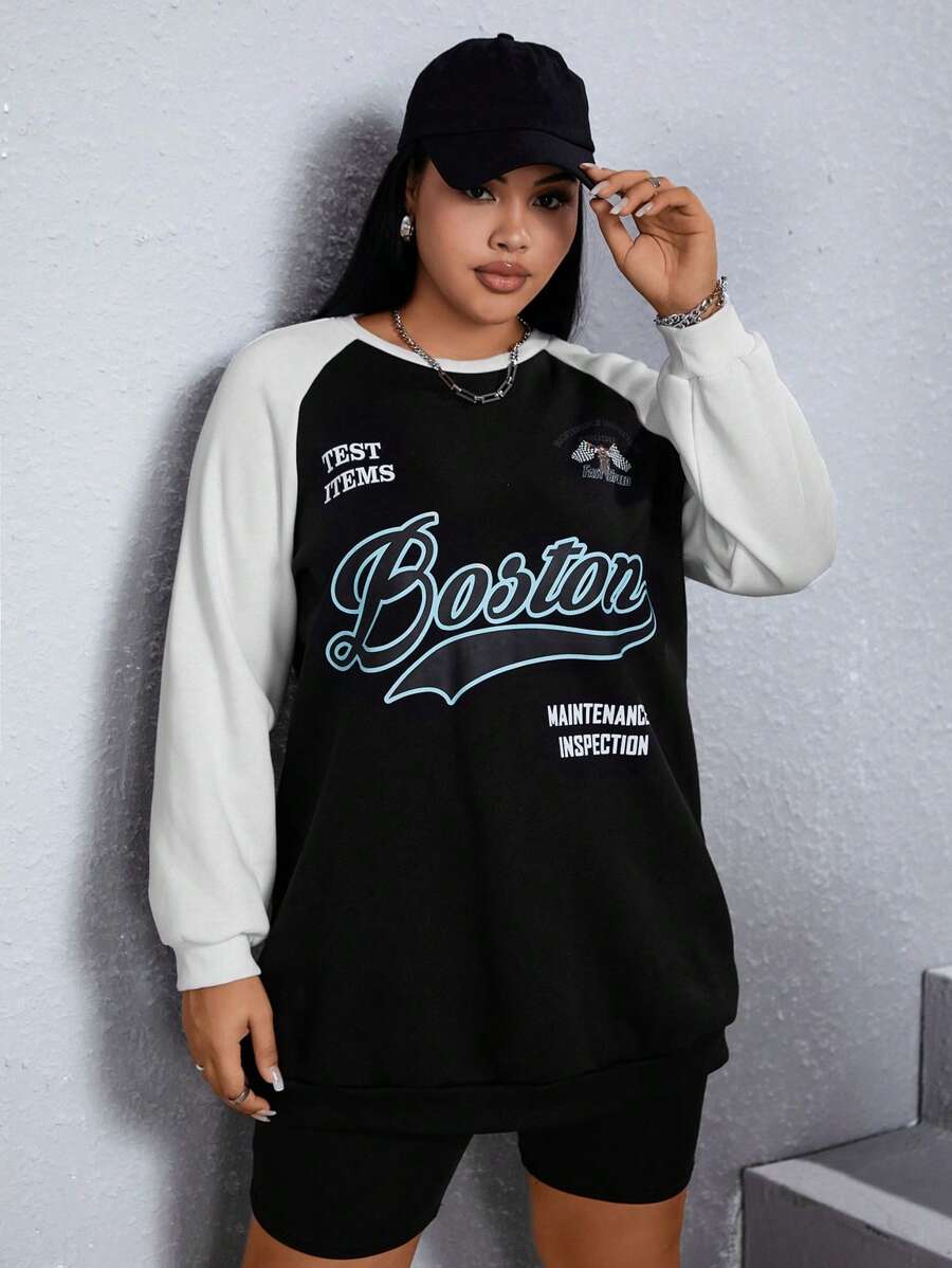 SHEIN EZwear 大碼字母圖案插肩袖運動衫 - 黑色 - 查看 1