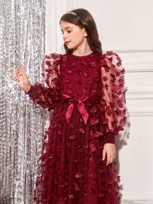 SHEIN 女大童1入組貼花網紗覆蓋腰帶潮汐洋裝適用於聖誕 - 酒紅色 - 查看 4