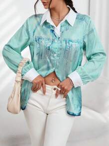 SHEIN Essnce Denim-Effect Print Shirt - Blue - View 1