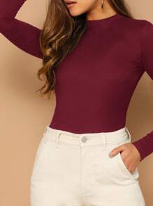 RueChic 小高領合身素色T恤 - 酒紅色 - 查看 4