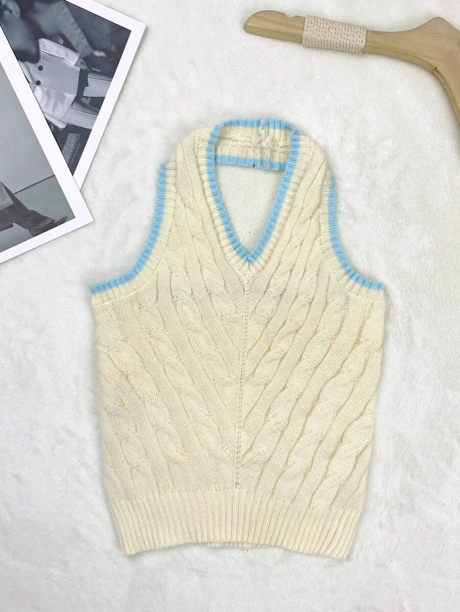 SHEIN Unity 拼接邊麻花編織上衣 - 米色 - 查看 1