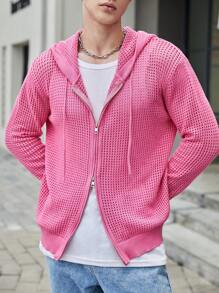 Manfinity VCAY Áo khoác cardigan trùm đầu có dây rút kéo khóa dáng rộng cho nam, dành cho mùa thu đông - Hồng - Xem 4