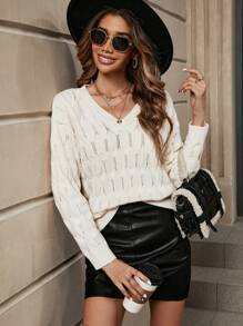 SHEIN Frenchy Chất rắn Thả vai Dệt kim chấm bi Áo len - Màu be - Xem 1