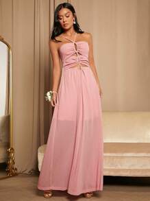 SHEIN Belle Drawstring Cut Out Front Bridesmaid Dress - Dusty Pink - View 1