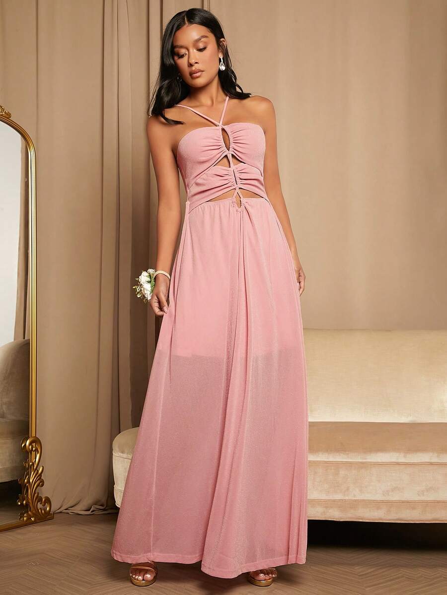 SHEIN Belle Drawstring Cut Out Front Bridesmaid Dress - Dusty Pink - View 1