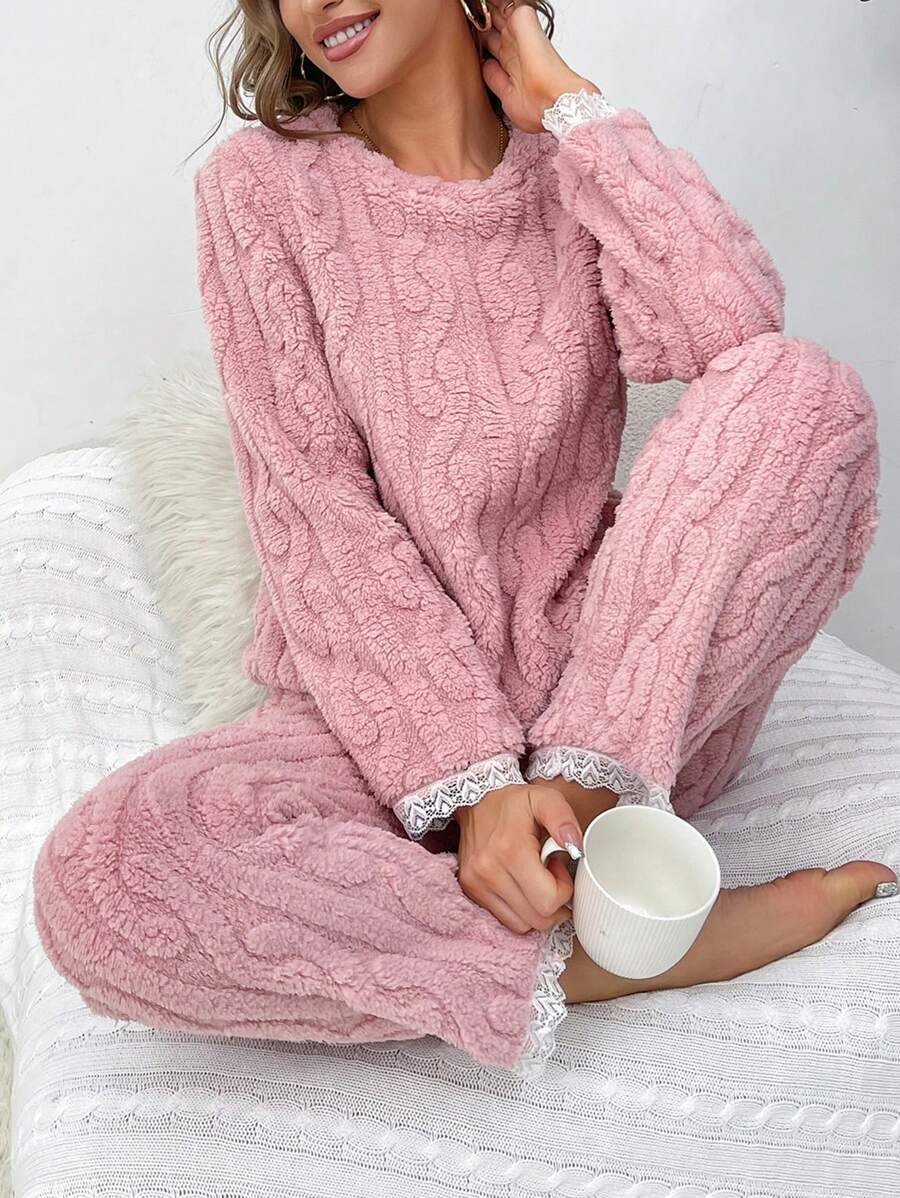 Lace Trim Flannel PJ Set - Pink - View 1