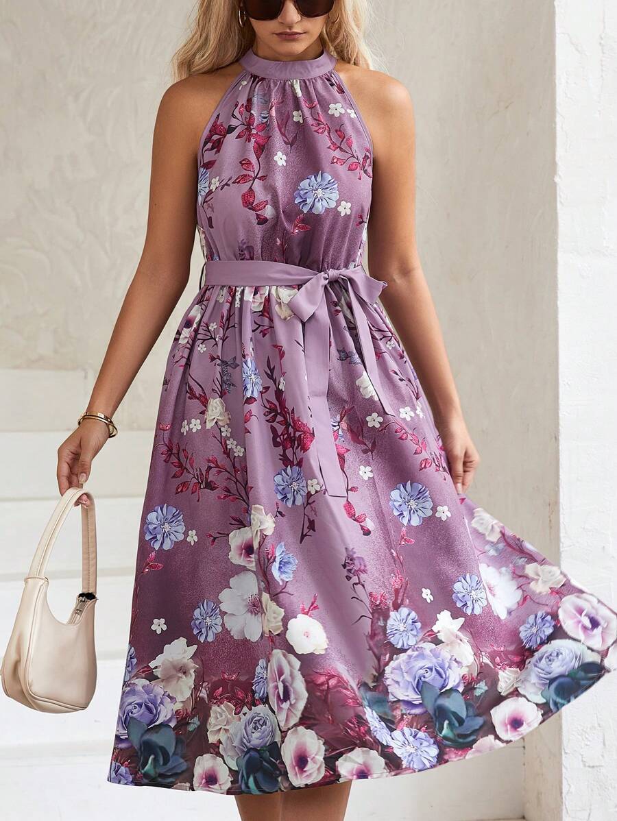 SHEIN Clasi 印花腰帶掛脖洋裝 - 紫色 - 查看 1