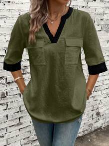 EMERY ROSE Contrast Trim Flap Pocket Blouse - Green - View 1