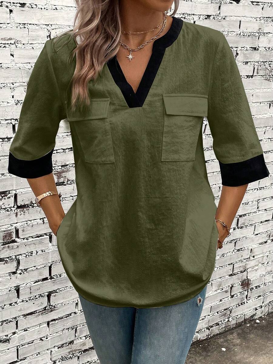 EMERY ROSE Contrast Trim Flap Pocket Blouse - Green - View 1