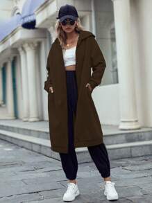 SHEIN Unity 落肩袖開門襟連帽長款運動衫 - 咖啡棕 - 查看 4