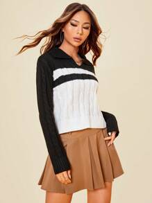 SHEIN Unity Colorblock Cable Knit Pullover Fall Winter Sweater - Black and White - View 4