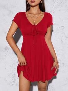 SHEIN PETITE 木耳邊前抽繩洋裝 - 紅色 - 查看 4
