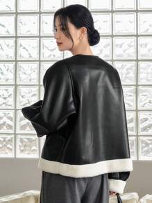 DAZY Lót Teddy Đôi ngực Da giả Áo khoác - màu đen - Xem 6