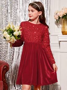 SHEIN Tween Girl Bow Back Sequin Panel Velvet Party Dress for Christmas - Red - View 6