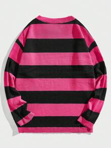 ROMWE MEN Street Life 男士條紋兩色撞色下肩針織衫 - 粉色 - 查看 2