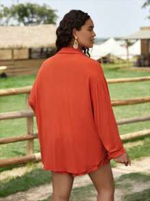 SHEIN VCAY Bộ thời trang Plus Size Dây kéo Túi Nút phía trước màu trơn Giải trí - Rỉ Nâu - Xem 5