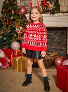 SHEIN Young Girl Christmas Pattern Sweater - Red - View 3