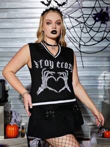 SHEIN EZwear 加万圣节骷髅手和字母图案条纹装饰毛衣背心（不含衬衫）秋冬 - 黑色 - 查看 3