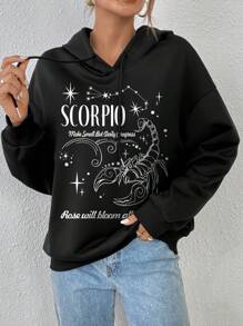 SHEIN EZwear Slogan Graphic Drop Shoulder Drawstring Hoodie - Black - View 1