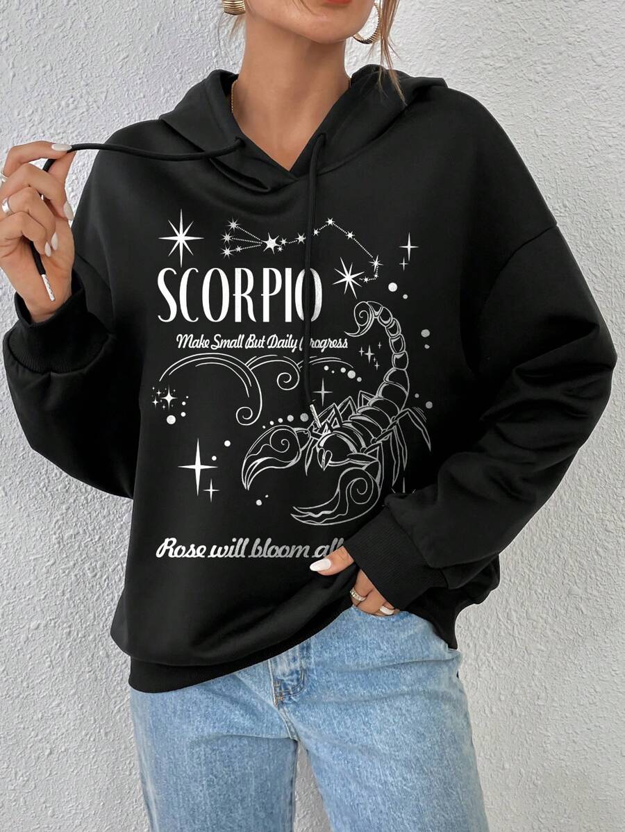 SHEIN EZwear Slogan Graphic Drop Shoulder Drawstring Hoodie - Black - View 1