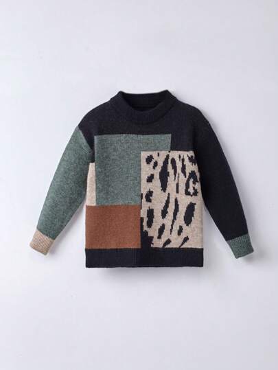 Young Boy Color Block Mock Neck Sweater
