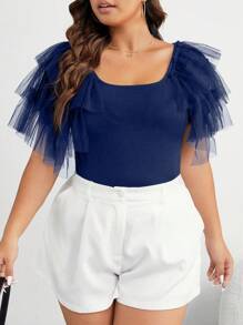 Celure 大碼網紗拼接荷葉邊T恤 - 藍色 - 查看 7