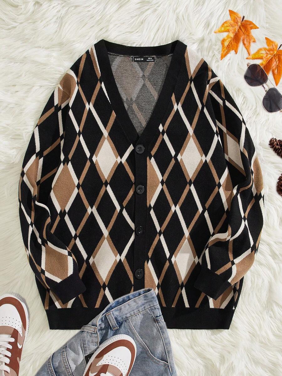 GENTILAND Áo Cardigan cài nút họa tiết Argyle rộng rãi cho nam - Nhiều màu - Xem 1